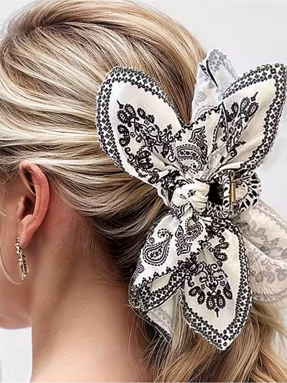 Vintage Elegant Black & White Paisley Bow Hair Scarf